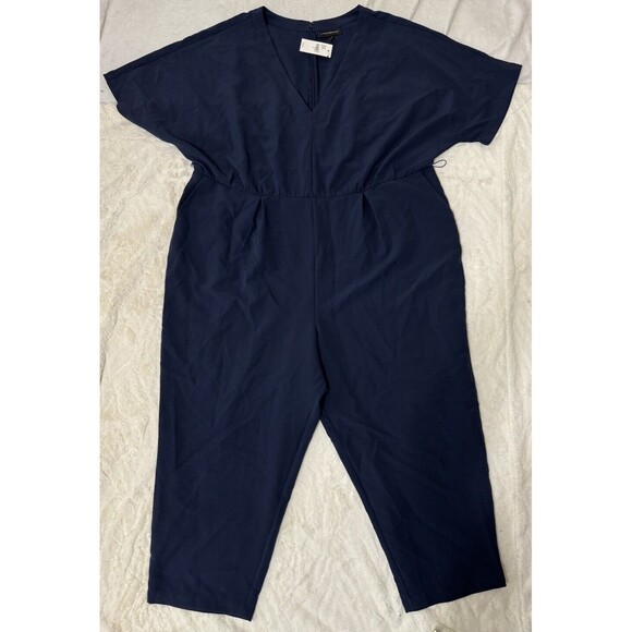 NWT LANE BRYANT WOMEN'S 22 NAVY WIDE LEG V NECK BELTED JUMPSUIT COZY CHIC - Picture 2 of 9